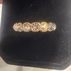Kurt Geiger Gold Ring with Clear Crystals and Pearl Accent Sz 8